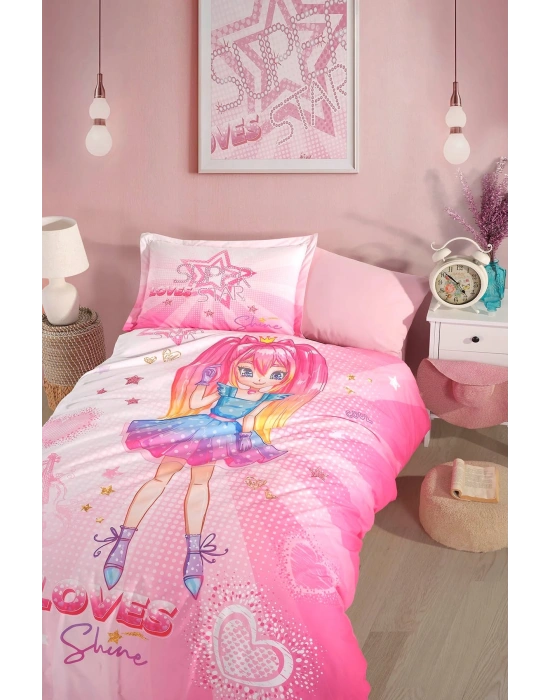 Clasy Ranforce %100 Pamuk Nevresim Takımı Tek Kişilik Shine V1 Pembe