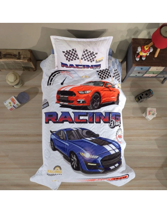 Clasy Ranforce %100 Pamuk Tek Kişilik Dört Mevsim Set Racing Drag V1 Mavi