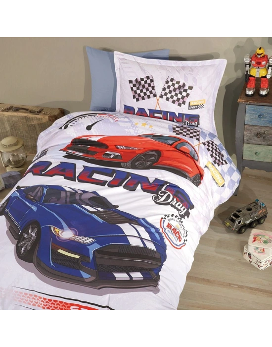 Clasy Ranforce %100 Pamuk Tek Kişilik Nevresim Racing Drag V1 Mavi