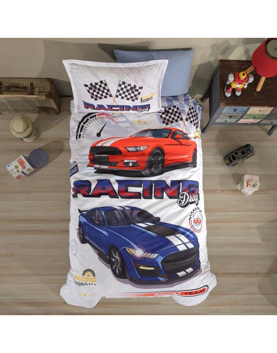 Clasy Ranforce %100 Pamuk Tek Kişilik Nevresim Racing Drag V1 Mavi