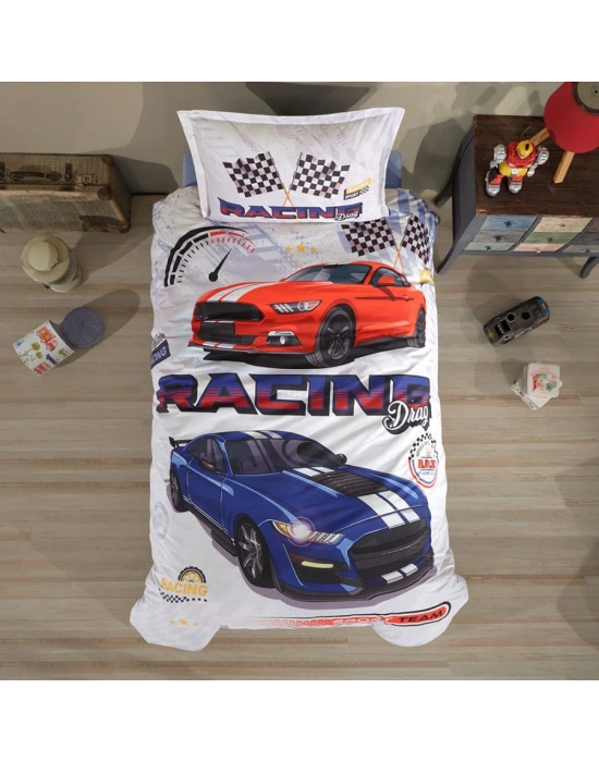 Clasy Ranforce %100 Pamuk Tek Kişilik Nevresim Racing Drag V1 Mavi