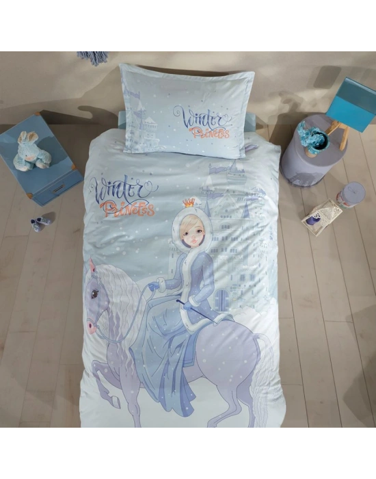 Clasy Ranforce %100 Pamuk Tek Kişilik Nevresim Winter Princess V1 Turkuaz