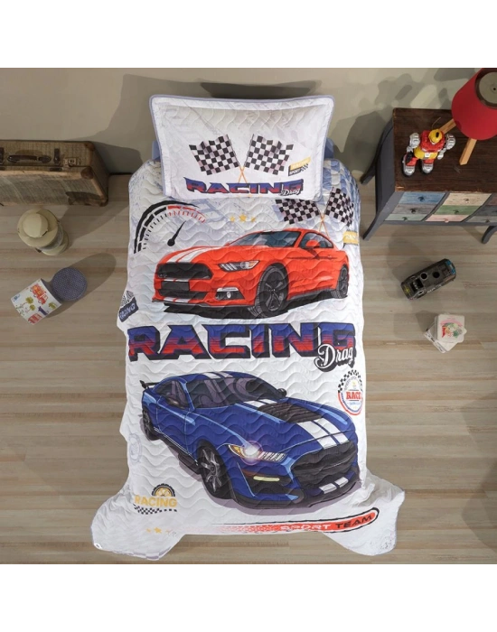 Clasy Ranforce %100 Pamuk Tek Kişilik Yatak Örtüsü Seti Racing Drag V1 Mavi