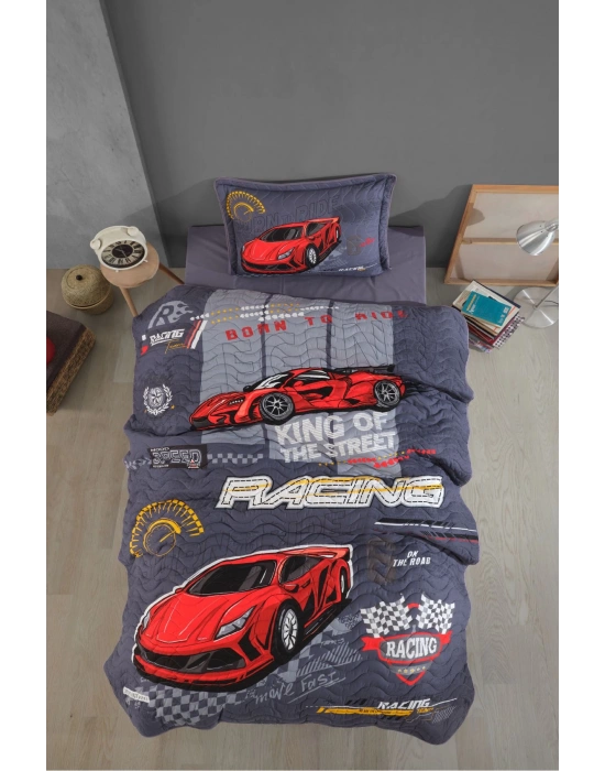 Clasy Ranforce %100 Pamuk Tek Kişilik Yatak Örtüsü Seti Racing Team V1 Mavi
