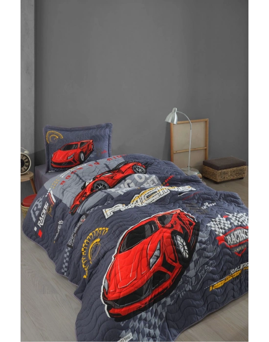 Clasy Ranforce %100 Pamuk Tek Kişilik Yatak Örtüsü Seti Racing Team V1 Mavi