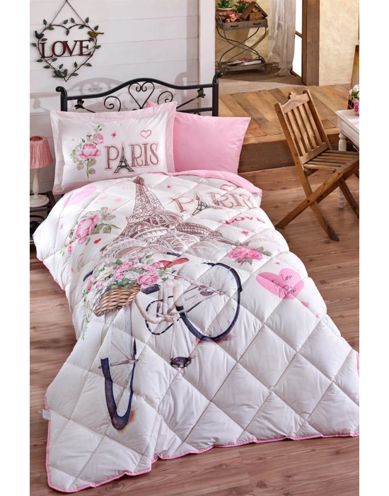 Clasy Ranforce %100 Pamuk Tek Kişilik Yorgan Seti Paris Love V1 Pembe