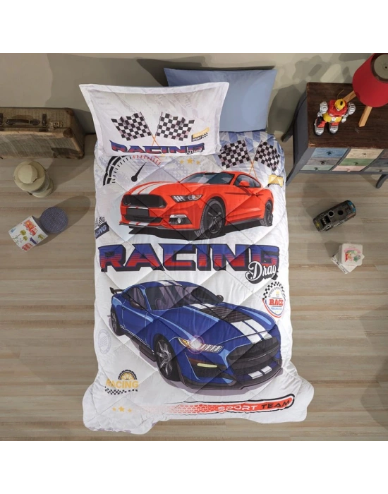 Clasy Ranforce %100 Pamuk Tek Kişilik Yorgan Seti Racing Drag V1 Mavi