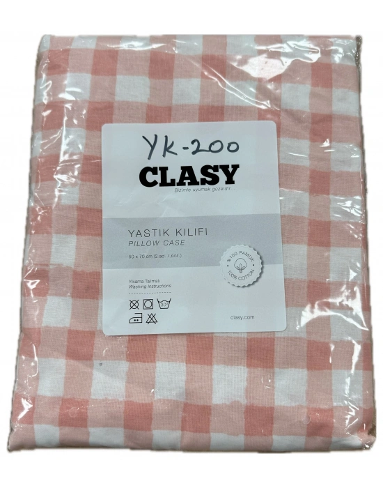 Clasy Ranforce 2 Adet Yastık Kılıfı Ekoseli Desenli Pembe