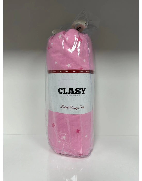 Clasy Ranforce Lastikli Çarşaf Seti Çift Kişilik Yıldız Desenli Pembe