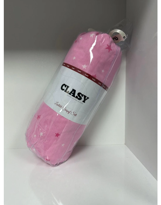 Clasy Ranforce Lastikli Çarşaf Seti Çift Kişilik Yıldız Desenli Pembe