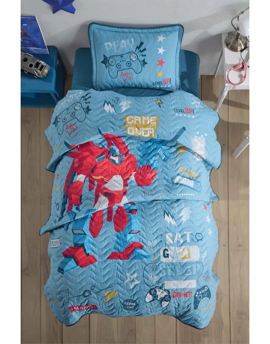 Clasy Ranforce Yatak Örtüsü Tek Kişilik Game Over V1 Mavi