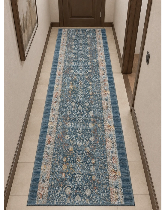 Filizon Sarar Mavi Vintage Etnik Desenli Kaymaz Tabanlı Yumuşacık Mutfak Halı Orta Kalınlıkta Yıkanabilir Koridor Yolluğu Salon Halısı