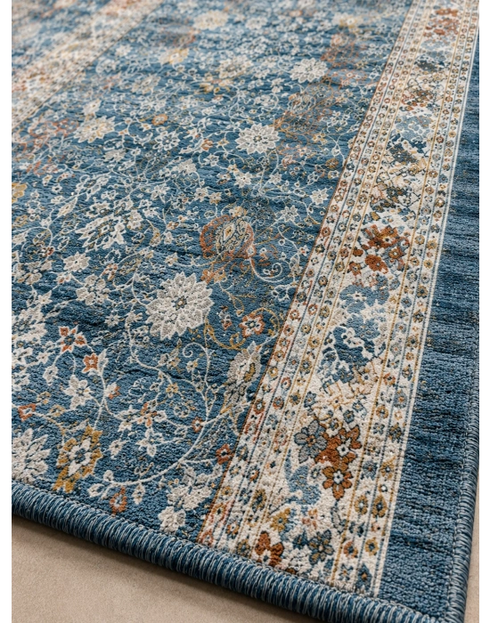 Filizon Sarar Mavi Vintage Etnik Desenli Kaymaz Tabanlı Yumuşacık Mutfak Halı Orta Kalınlıkta Yıkanabilir Koridor Yolluğu Salon Halısı