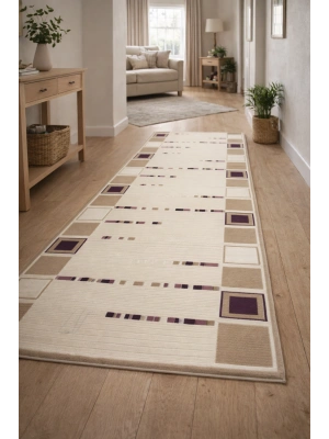 Padişah Halı Nepal Serisi %100 Akrilik Desenli 100x300 Bej-Mor Seri Sonu Halı