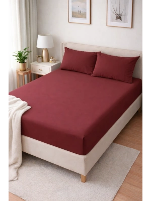 Clasy Ranforce Lastikli Çarşaf Seti Çift Kişilik Bordo ÇKLÇ-243 %100 Pamuk
