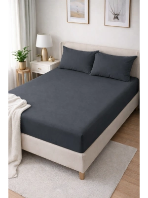 Clasy Ranforce Lastikli Çarşaf Seti Çift Kişilik Koyu Gri ÇKLÇ-244 %100 Pamuk
