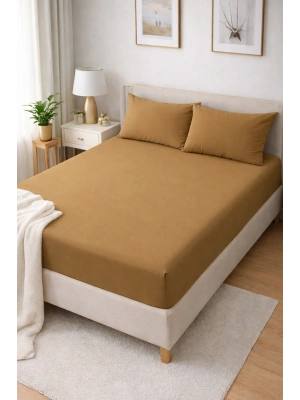 Clasy Ranforce Lastikli Çarşaf Seti Çift Kişilik Hardal ÇKLÇ-251 %100 Pamuk