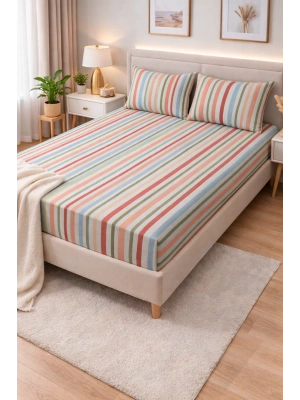 Clasy Ranforce Lastikli Çarşaf Seti Çift Kişilik Çizgili Çok Renkli ÇKLÇ-262 %100 Pamuk