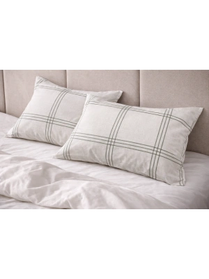 Clasy Ranforce %100 Pamuk 2 Adet Yastık Kılıfı Yeşil Çizgili Desenli Bej