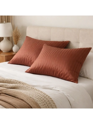 Clasy %100 Pamuk Saten 2 Adet Yastık Kılıfı Çizgili Desenli Kiremit