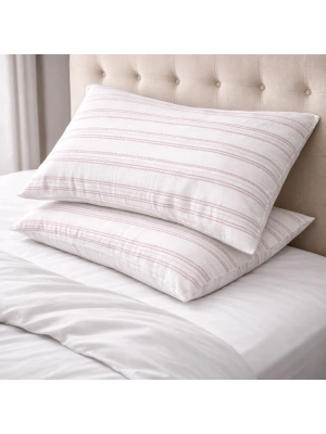 Clasy Ranforce %100 Pamuk 2 Adet Yastık Kılıfı Çizgili Desenli Pembe-Beyaz