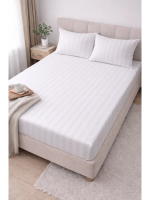 Clasy Ranforce Lastikli Çarşaf Seti Çift Kişilik Çizgili Beyaz ÇKLÇ-267 %100 Pamuk