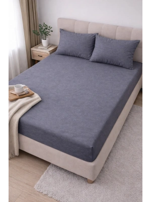 Clasy Ranforce Lastikli Çarşaf Seti Çift Kişilik Antrasit Gri-Mavi ÇKLÇ-268 %100 Pamuk