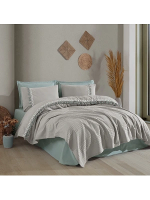 Butik Tek Kişilik Püsküllü Pike Takımı Bohamline V10 Açık Gri