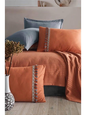 Butik Tek Kişilik Püsküllü Pike Takımı Bohamline V2 Kiremit