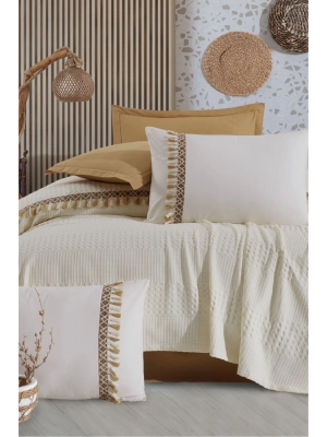 Butik Tek Kişilik Püsküllü Pike Takımı Bohamline V5 Ekru