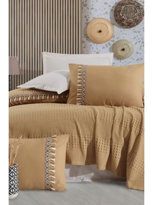 Butik Tek Kişilik Püsküllü Pike Takımı Bohamline V6 Hardal