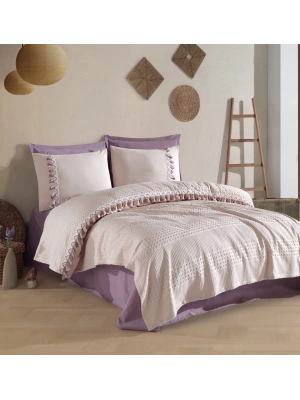 Butik Tek Kişilik Püsküllü Pike Takımı Bohamline V8 Taş Rengi