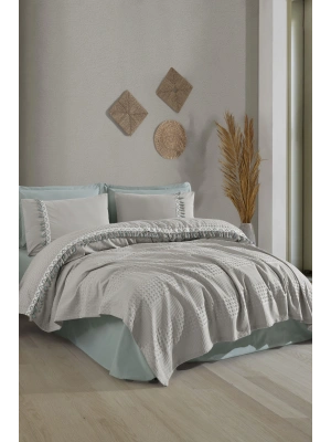 Clasy %100 Pamuk Butik Çift Kişilik Püsküllü Pike Takımı Bohamline V10 Açık Gri