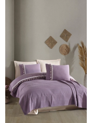 Clasy %100 Pamuk Butik Çift Kişilik Püsküllü Pike Takımı Bohamline V7 Lila