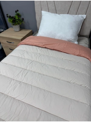 Clasy %100 Pamuk Ranforce Çift kişilik Yorgan Çift Taraflı Bej-Somon Düz Desenli Kapitoneli