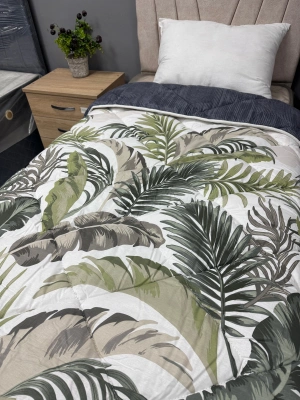 Clasy %100 Pamuk Ranforce Tek kişilik Yorgan Çift Taraflı Yeşil-Beyaz-Gri Çiçekli-Düz Desen