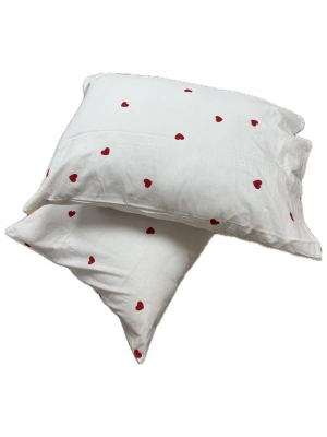 Clasy Ranforce %100 Pamuk 2 Adet Yastık Kılıfı Kalp Desenli Beyaz