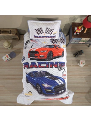 Clasy Ranforce %100 Pamuk Tek Kişilik Yatak Örtüsü Seti Racing Drag V1 Mavi