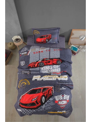 Clasy Ranforce %100 Pamuk Tek Kişilik Yatak Örtüsü Seti Racing Team V1 Mavi