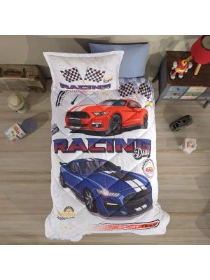 Clasy Ranforce %100 Pamuk Tek Kişilik Yorgan Seti Racing Drag V1 Mavi