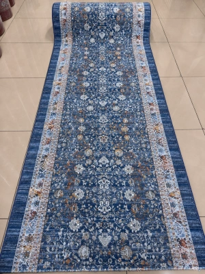 Filizon Sarar Mavi Vintage Etnik Desenli Kaymaz Tabanlı Yumuşacık Mutfak Halı Orta Kalınlıkta Yıkanabilir Koridor Yolluğu Salon Halısı