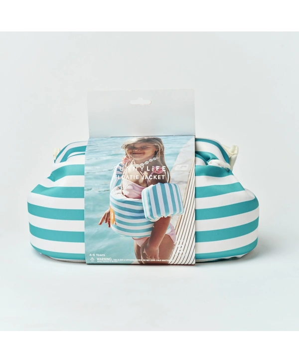 Sunnylife Çocuk Yüzme Kolluklu Can Yeleği 3-6 Yaş Poppy the Peach Green stripe