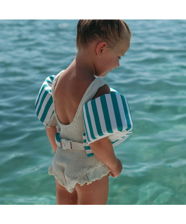 Sunnylife Çocuk Yüzme Kolluklu Can Yeleği 3-6 Yaş Poppy the Peach Green stripe