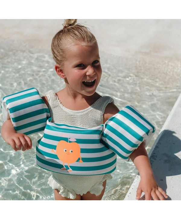 Sunnylife Çocuk Yüzme Kolluklu Can Yeleği 3-6 Yaş Poppy the Peach Green stripe