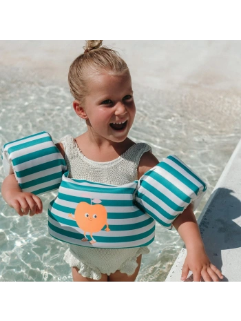 Sunnylife Çocuk Yüzme Kolluklu Can Yeleği 3-6 Yaş Poppy the Peach Green stripe