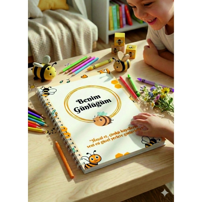 Sevimli Arı Temalı Çocuk Günlüğü ve Alışkanlık Takip Defteri (A5, Spiralli)