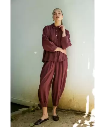 Modal Kumaş Gömlek Pantolon İkili Takım-Bordo
