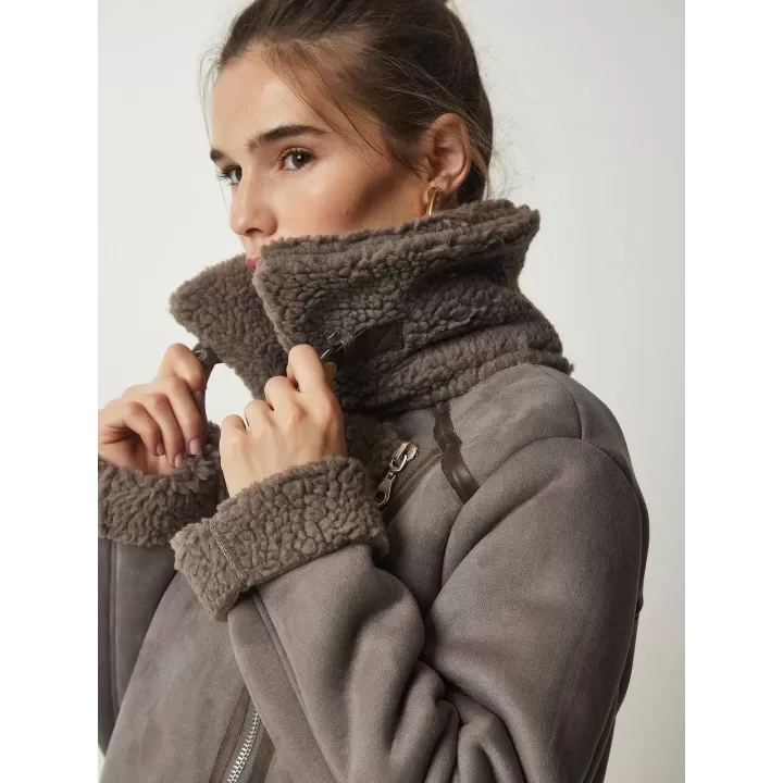 PELUŞ YAKA KEMERLİ GRİ NUBUK BİKER CEKET