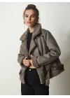 PELUŞ YAKA KEMERLİ GRİ NUBUK BİKER CEKET