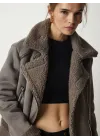 PELUŞ YAKA KEMERLİ GRİ NUBUK BİKER CEKET